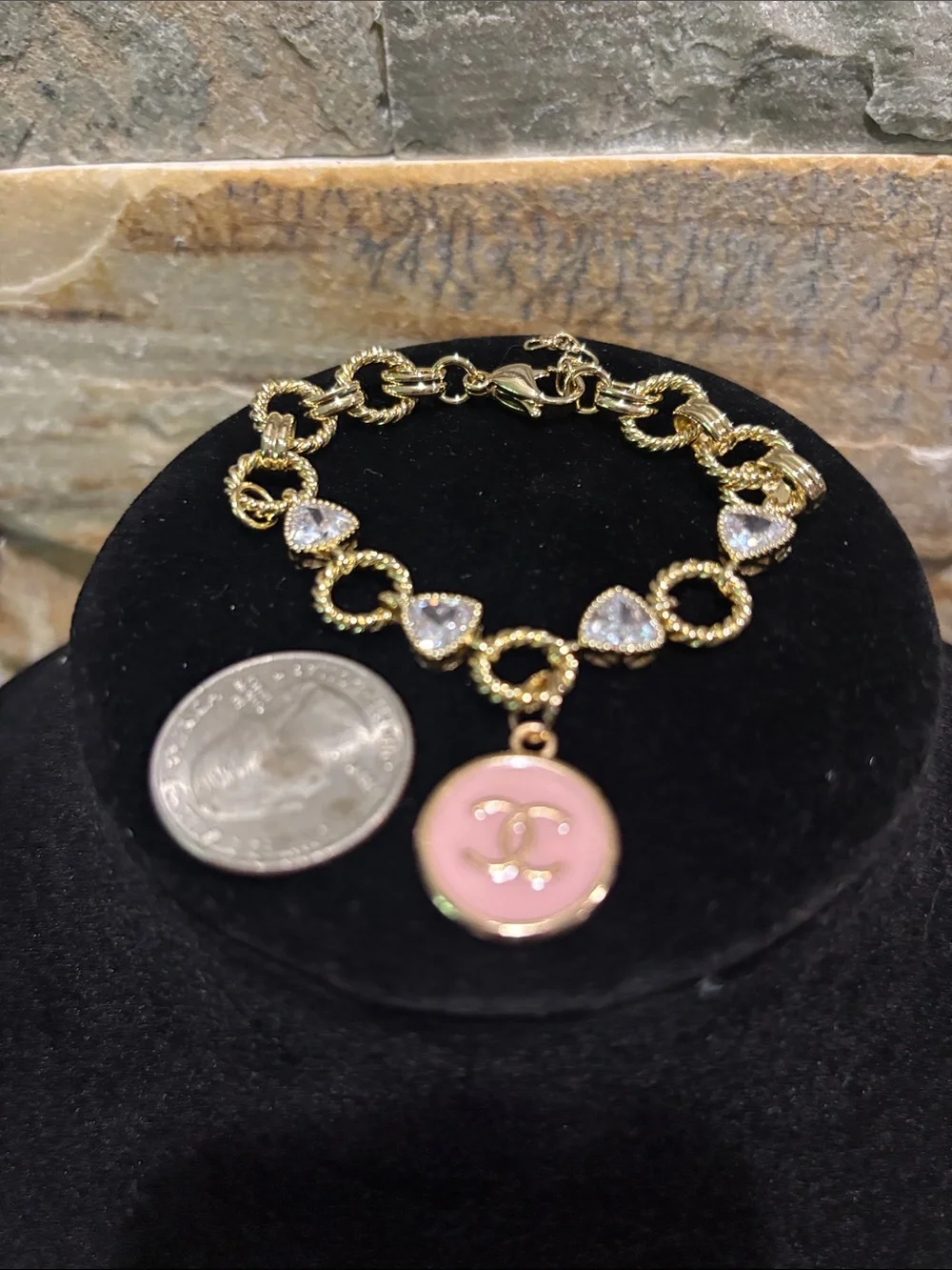 Gold Chain Charm Bracelet with Pink Enamel CC Logo Disc - Picture 4 of 4